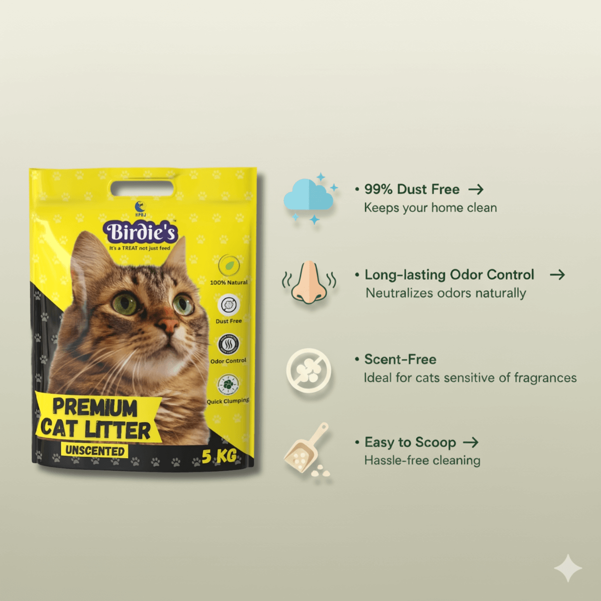 Birdie’s Unscented Cat Litter | 5kg | Premium Dust-Free Formula