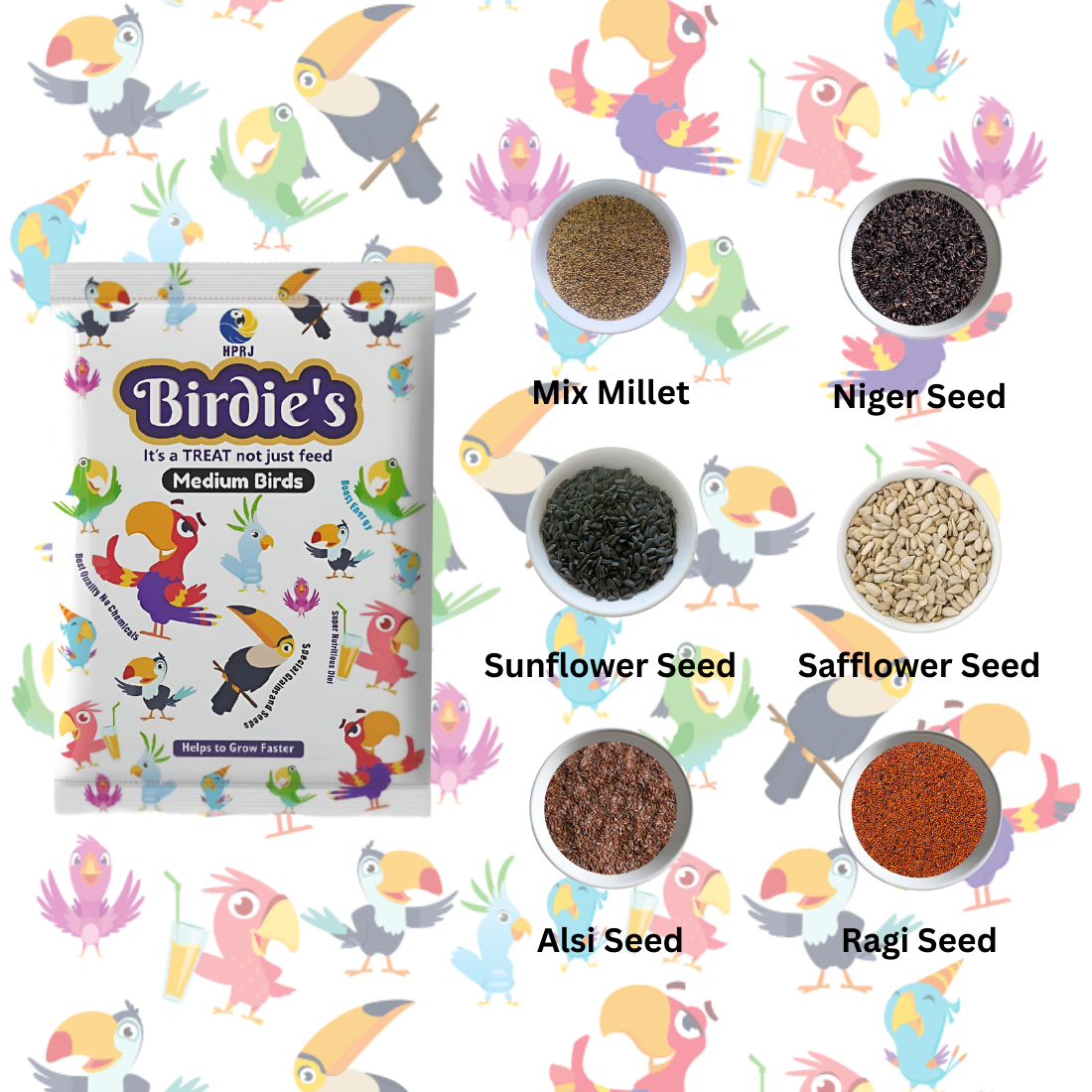 Birdie's Mix Seeds Food for Medium Size Birds (COKATIEL, Parakeet & Conure) - (500 G), Balance Diet, High Nutritious, 100% Natural - Chemical Free, Strengthen Feather, Bright Colour, Stronger Bone.