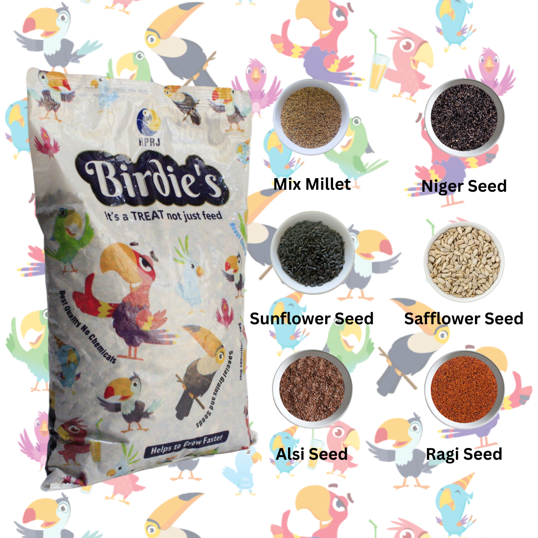 Birdie's Mix Seeds for Small Size Birds 1Kg + 1Kg Mix Seeds for Big Size Birds (Lovebird, Budgies, Cockatoo, Macaw & African Grey), 100% Natural and Chemical Free.