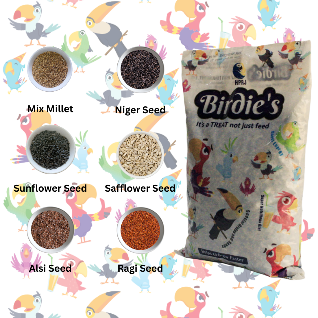 Birdie's Mix Seeds Food for Medium Size Birds (COKATIEL, Parakeet & Conure) - (1Kg), High Nutritious, 100% Natural - Chemical Free, Strengthen Feather, Stronger Bone, Veterinary Approved.
