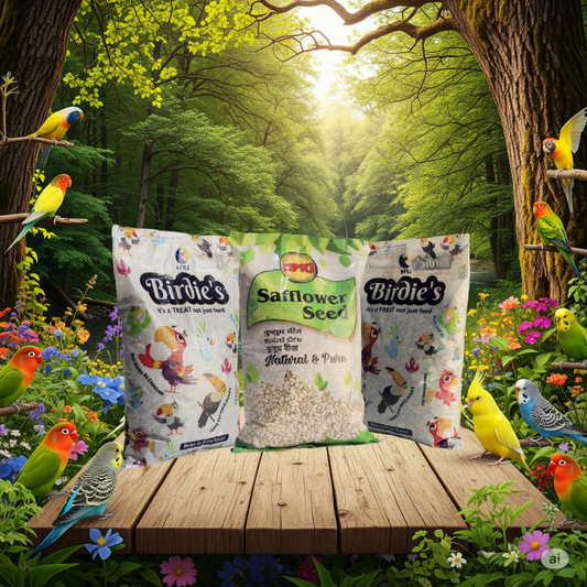 Birdie's Combo of Safflower Seeds 1Kg + 1Kg Mix Seeds for Small Size Birds + 1Kg Mix Seeds for Medium Size Birds (Lovebird, Budgies, COKATIEL, Parakeet & Conure), 100% Natural and Chemical Free.