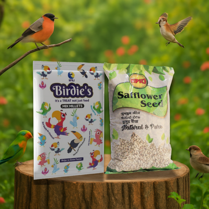 Birdie's Combo of Safflower Seed 1Kg + 1Kg Mix Millet (KANGANI) Birds (Lovebird, Budgies, COKATIEL, Parakeet, Conure, Cockatoo, Macaw & African Grey), 100% Natural, Chemical Free